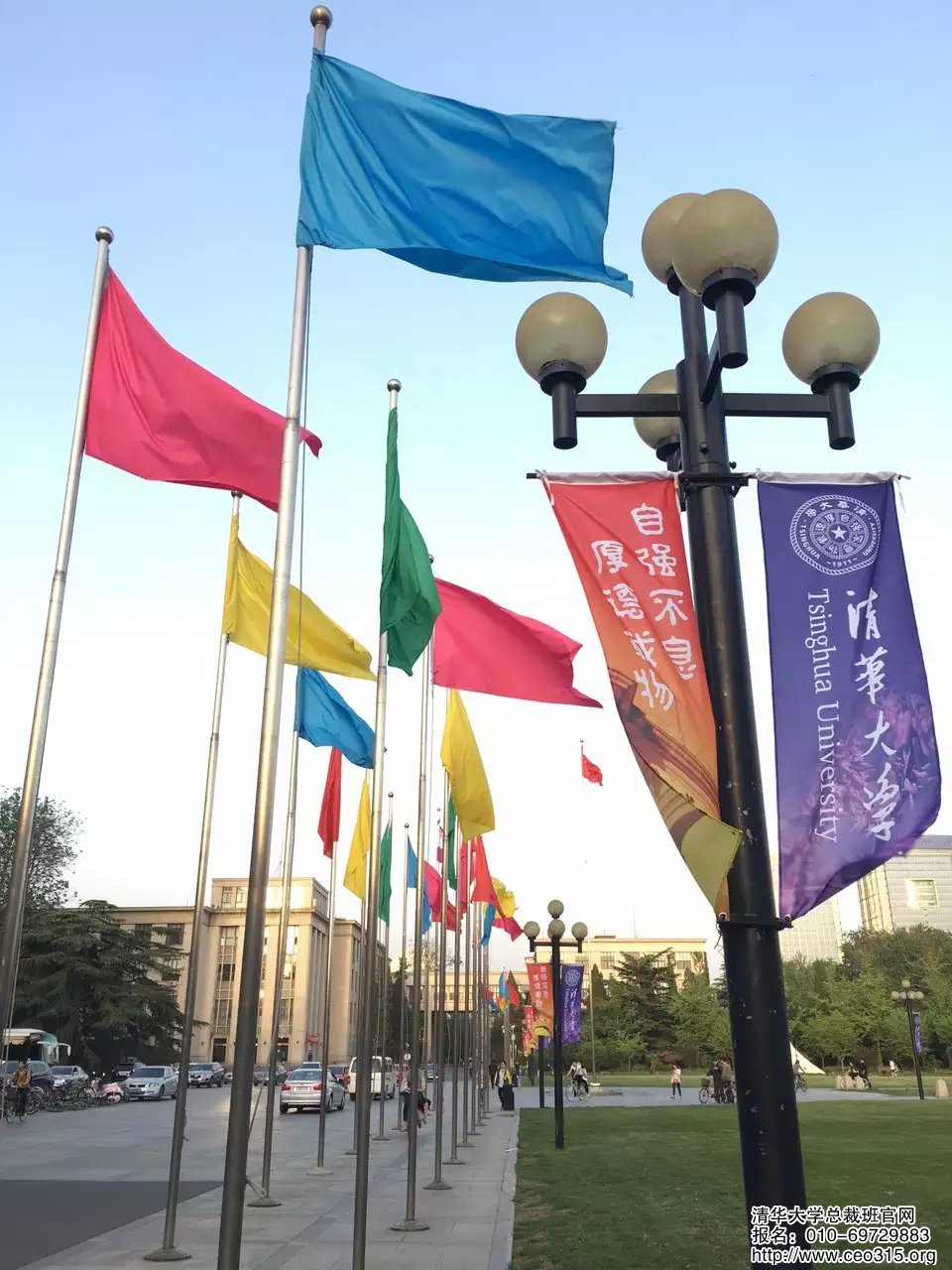 清華大學(xué)校園內(nèi)兩側(cè)彩旗飄飄